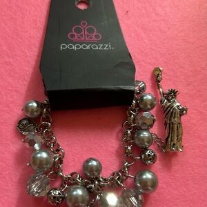 paparazzi Silver Pearl & Crystal Charm Bracelet with Statue of Liberty